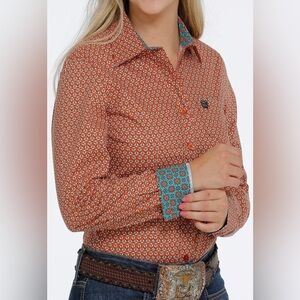 Cinch Women's Orange Geo Print Long Sleeve Western Shirt Xs Button Down